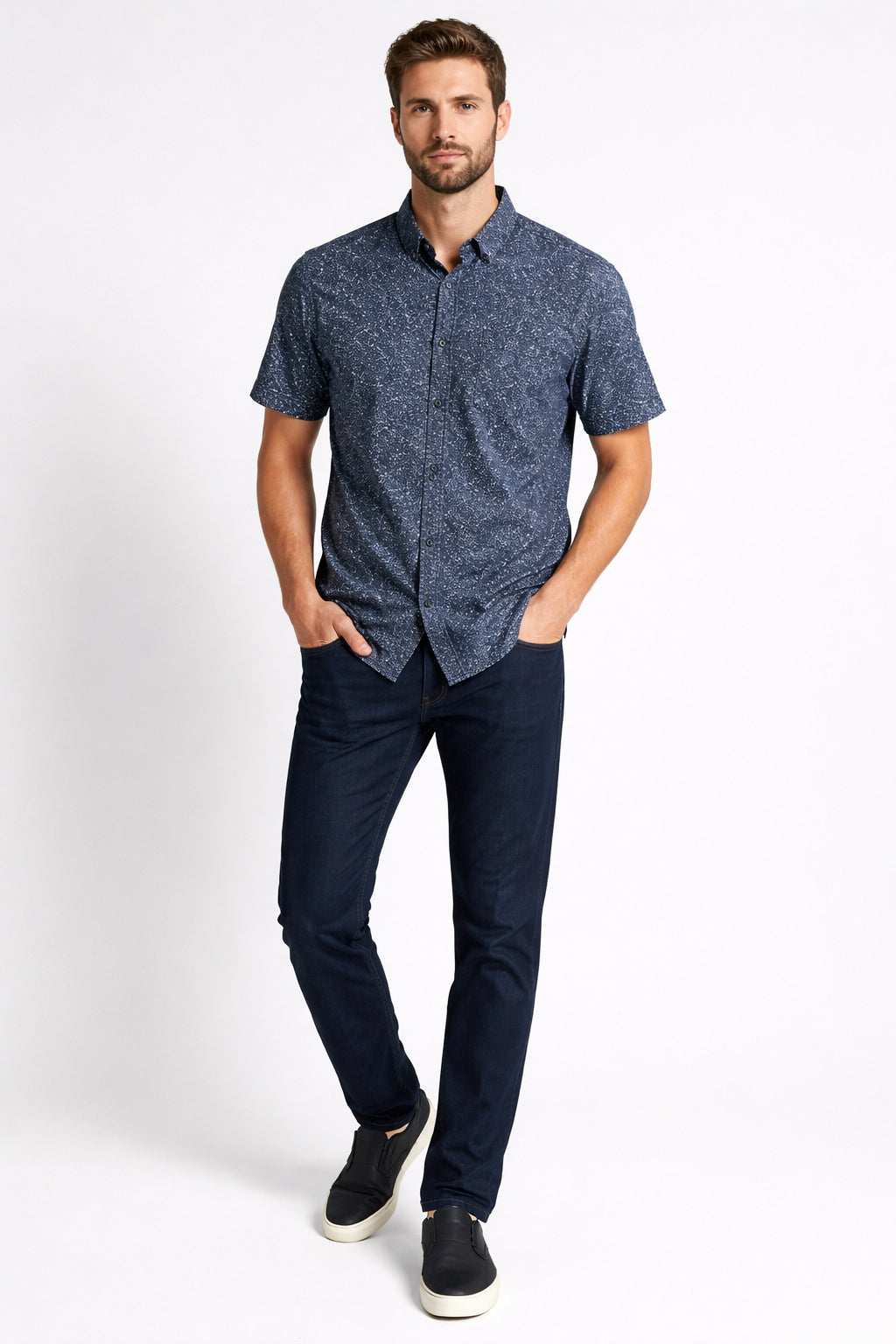 S26 Lois 1334 s/s 19 Dk denium print button down sport shirt