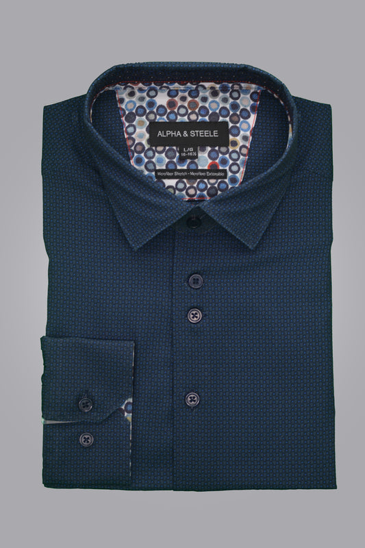 Alpha & steel navy print long sleeve sport shirt