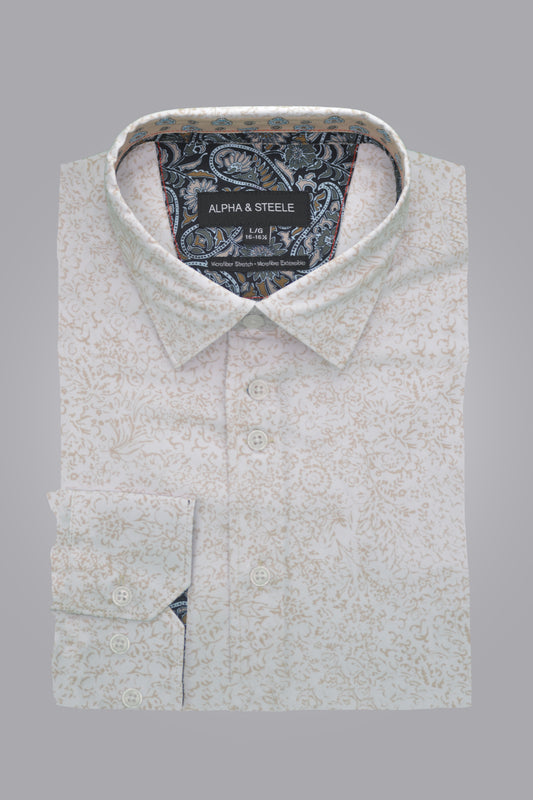 Alpha & steel white with beige flower long sleeve sport shirt