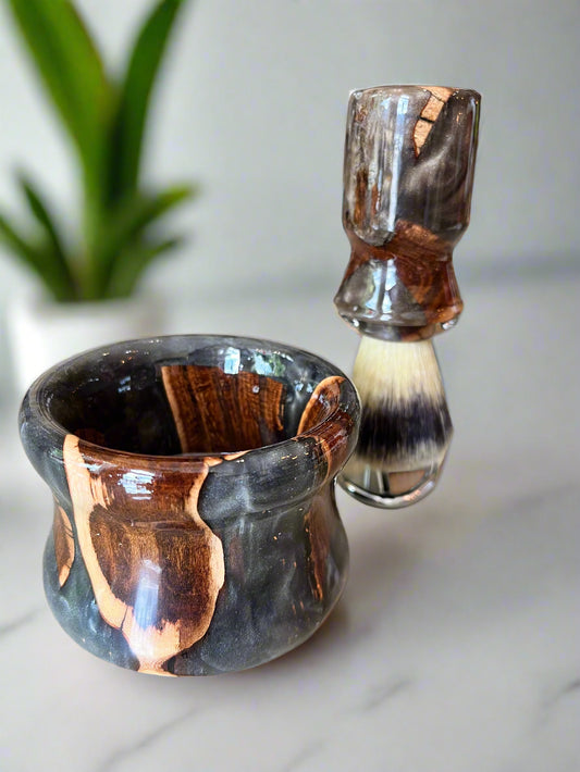 Wooden shaving brush with bristle head on a wooden handle, blurred store background